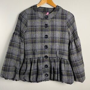 Jo_Thirty Women's Gray/Black Plaid Button Up Jacket Peplum Hem Balloon Sleeves 8